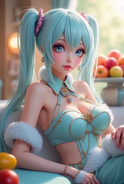 นอนกับพื้นแล้วยกขาขึ้นชี้เข้าหากล้อง
A character with light blue or silver hair styled in pigtails, wearing a detailed outfit with fur accents and pastel tones. The setting includes a decorative table with props like fruits, creating a vibrant and dynamic ...