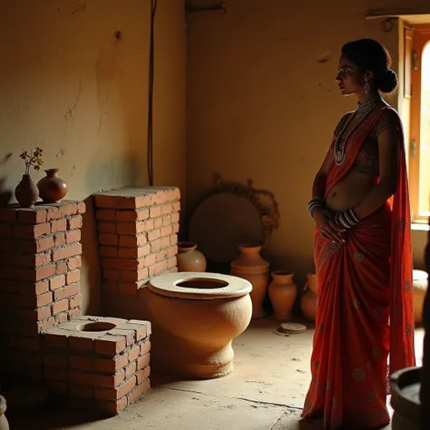 
"An indoor scene from the Indus Valley Civilization, approximately 3000 years ago, depicting a traditional home interior. The focus is on a brick-made toilet, showcasing the advanced sanitation technology of the era. The surroundings include neatly arrang...