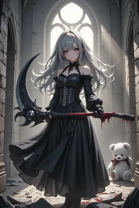 1girl(gothic style), 180cm height,Absurdly beautiful and tall,great figure,side bang,from front,full body,gothic dress,blood on leg, Look at me with disdain,Please laugh me without mercy,evil smile expression),BREAK,large death scythe double-handed grip, D...