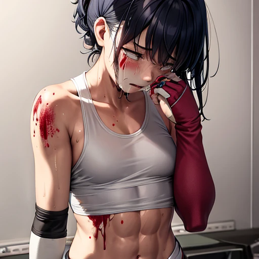 (((Her costume is badly torn))). ((((Her body and face are covered in blood and bruises)))). (((her hand is covering her eye))). she was beated terribly. after she lost a match, In the waiting room. (((the wall is clean and white))). a Japanese high school...