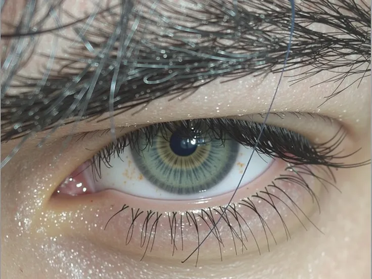 Make an image like this where you can see an intense navy green eye, medium-tanned skin , a firm and intimidating look ,  thick and long eyelashes ,  a very masculine black eyebrow and locks of black hair falling untidy over the eye without completely cove...