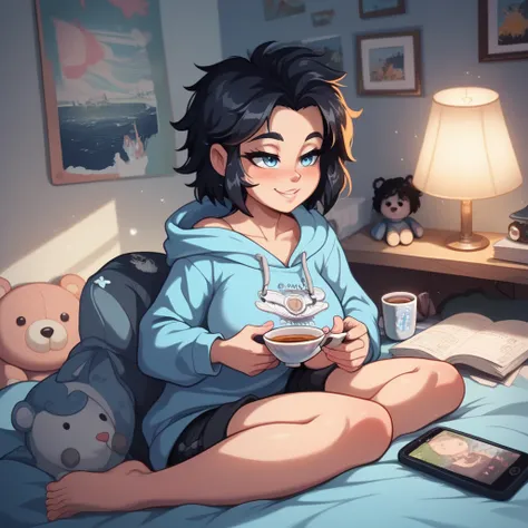 A teenage girl, approximately 18 years old, sitting cross-legged on a neatly made bed with a soft pastel-colored duvet. She is deeply engrossed in her smartphone, holding it with both hands, her expression calm yet intensely focused on the screen. Her shou...