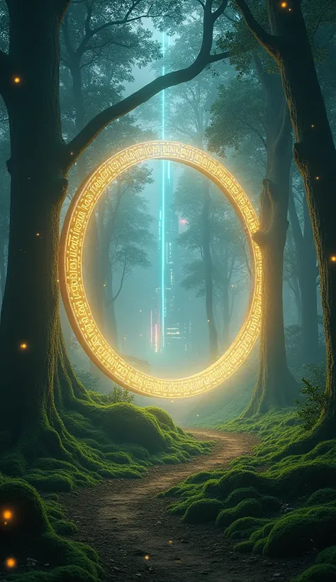 A glowing magical portal stands in the heart of an enchanted forest, stretching tall and circular, framed by ancient trees whose trunks and branches extend high into the misty canopy. The portals glowing golden runes spiral upward, casting light on the mos...