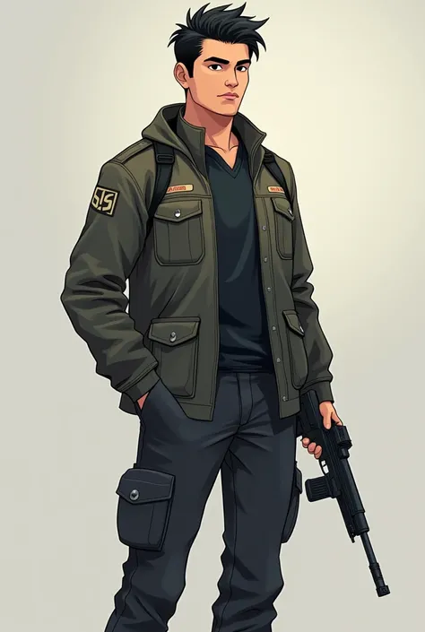 create a full body image of a 35-year-old man,  dark-haired and short military-cut type , I weigh an average of 80 kilos .  will be an avatar for a gamer YouTube channel.  The art should have a style similar to that of modern digital illustrations