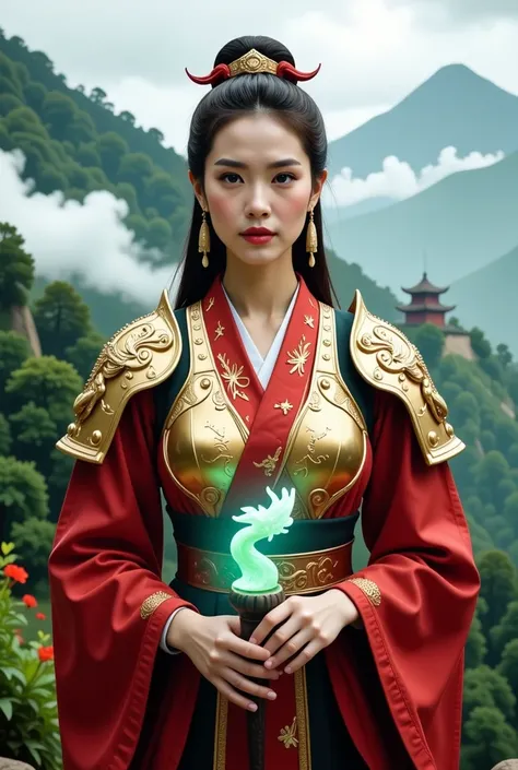 A 3D ultra-realistic scene in 8K resolution featuring a stunning 3rd-century Chinese warrior mage, viewed from a front-facing angle. She wears ornate armor inspired by ancient Han dynasty designs, crafted from gold and jade, adorned with intricate dragon a...