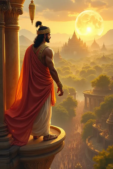 "A vibrant kingdom with flourishing fields, happy citizens dancing and celebrating. Raja Vikram stands proudly on a balcony of his golden palace, holding the magical gemstone in his hand. The kingdom glows with prosperity and joy, symbolizing a reign of ju...