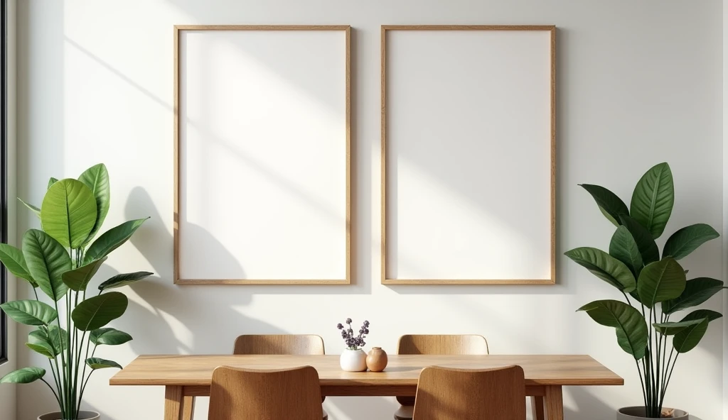 Two empty vertical picture frames on wall in modern dining room. Mock up interior in contemporary, estetik style. Free space for picture, poster. Wooden table, chairs, plants. 3D rendering