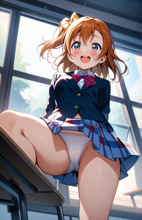 1girl, kousaka honoka, love live!, otonokizaka school uniform, red ribon, masterpiece, best quality, very aesthetic, absurdres, sye smile, blush, looking at other, open mouth, dutch angle, highres extremely detailed, beautiful scape, school gymnasium, phys...