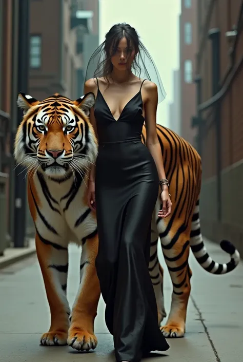 A woman in a modern dress wearing a veil walks with a giant tiger in front of the camera