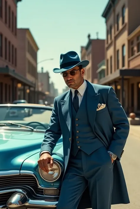  Imagine a high-ranking gangster , head of the mafia , dressed in a high-end blue suit  , Year 1930  , Chicago , Borsalino on his head ,  leaning on a convertible Cadillac model 1969 in light blue ,  in the center of a town in the far west , A Bar  , a ban...