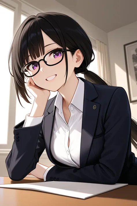 A young woman with glossy black hair styled in a loose, low ponytail. She has a gentle and approachable expression, wearing black-rimmed glasses. Her outfit consists of a sleek blazer and a neatly buttoned blouse, exuding a professional secretary look. The...