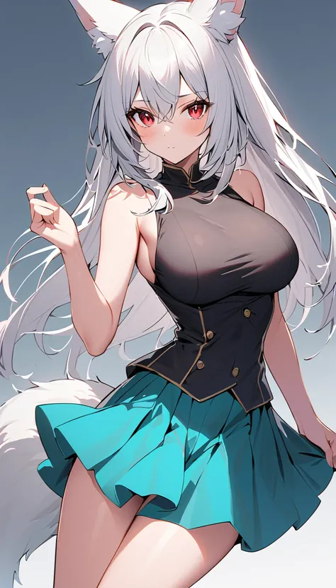 fox girl wearing black and sleeveless shirt, cyan skirt,  red eyes, small waist, Large breasts, white and cyan and white hair 