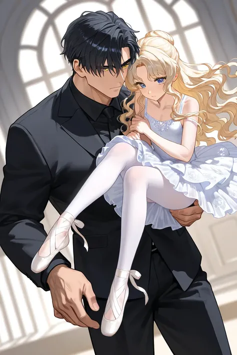 Tall man with Black hair light cold blue eyes tall handsome bad temper wearing black clothes and a ballerina girl with blonde long wavy hair and golden eyes in a magic land wearing a white delicate dress