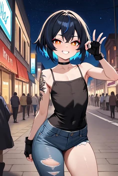 1boy,solo,otoko_no_ko,yaoi,adult,brown_skin,skinny,curvy,round face,black hair,blue hair,two-tone hair,short hair,makeup,lipgloss,orange eyes,bright_pupils,bare shoulders,armpits,chest,slender_waist,camisole,tight,hot_pants,torn_jeans,single_pantsleg,comba...