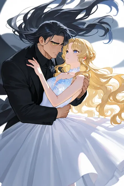 Tall man with Black hair light cold blue eyes tall handsome bad temper wearing black clothes and a ballerina girl with blonde long wavy hair and golden eyes in a magic land wearing a white delicate dress