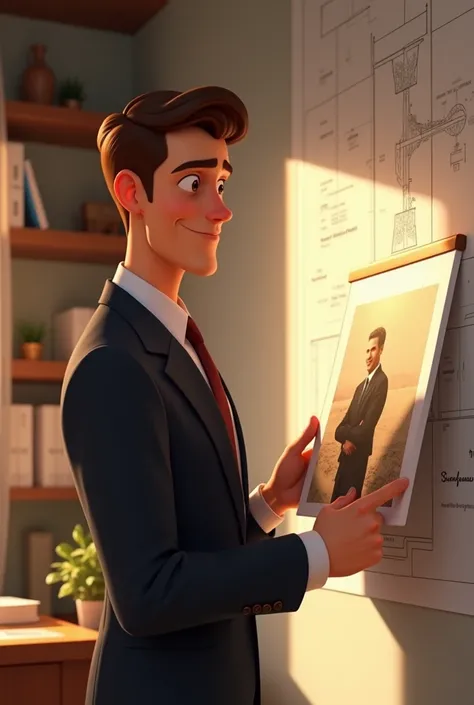 - *Prompt 2:* Create a Disney Pixar style medium shot of an adult man (now around 30 years old, with neat short brown hair, dressed in a business suit) in an office, holding a picture of his father and himself as a boy. The man is smiling softly, rememberi...