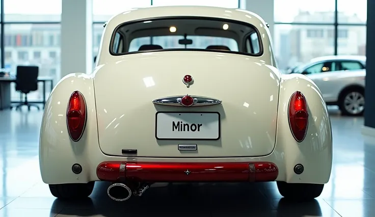 "A close-up rear view of a highly modified, futuristic Morris Minor in creamy white with a shiny polished finish. The design includes a sleek, modernized rear with a red-colored bumper replacing the black one. The backlights retain their classic style, whi...