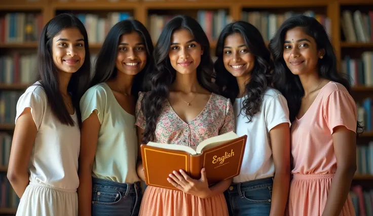 a high-contrast, warm-toned cinematic photograph of six charismatic Sri Lankan teenagers, three boys and three girls, arranged around a pretty middle-aged female teacher, with gentle, warm smiles, amidst a soft, natural light setting, perhaps a classroom o...