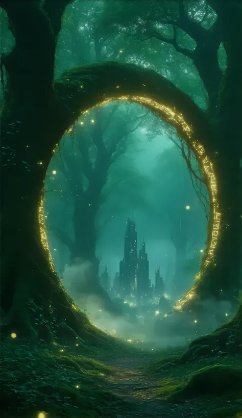 A glowing magical portal stands in the heart of an enchanted forest, stretching tall and circular, framed by ancient trees whose trunks and branches extend high into the misty canopy. The portals glowing golden runes spiral upward, casting light on the mos...