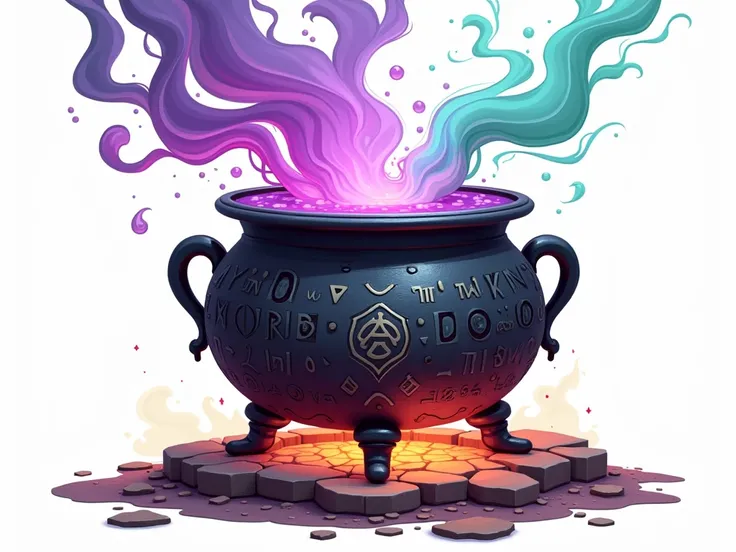 A cartoon like large and ornate bubbling magical cauldron, made of dark, weathered metal with glowing, intricate runes etched across its surface. The cauldron is filled with a vibrant, swirling potion that bubbles intensely, emitting colorful steam in shad...