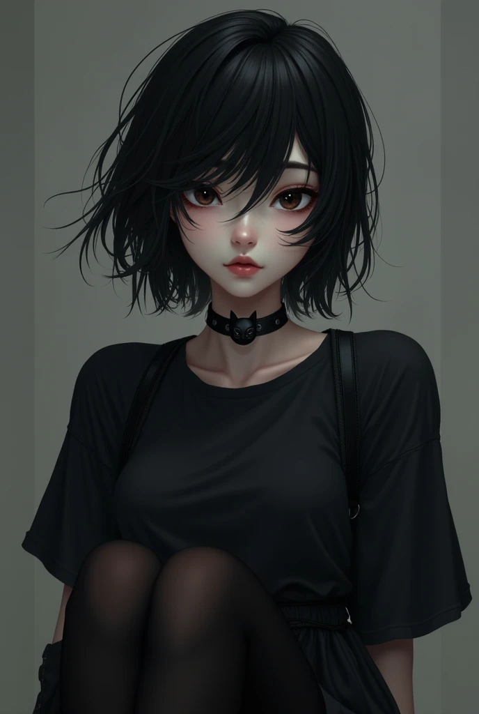 A girl,  messy short hair, dark irises , with a dark cat collar,  black shirt, dark skirt, Dark stockings,  dark shoes ,  medium breasts