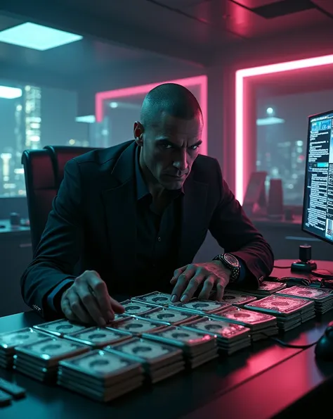 cyberpunk, crime boss, counting money