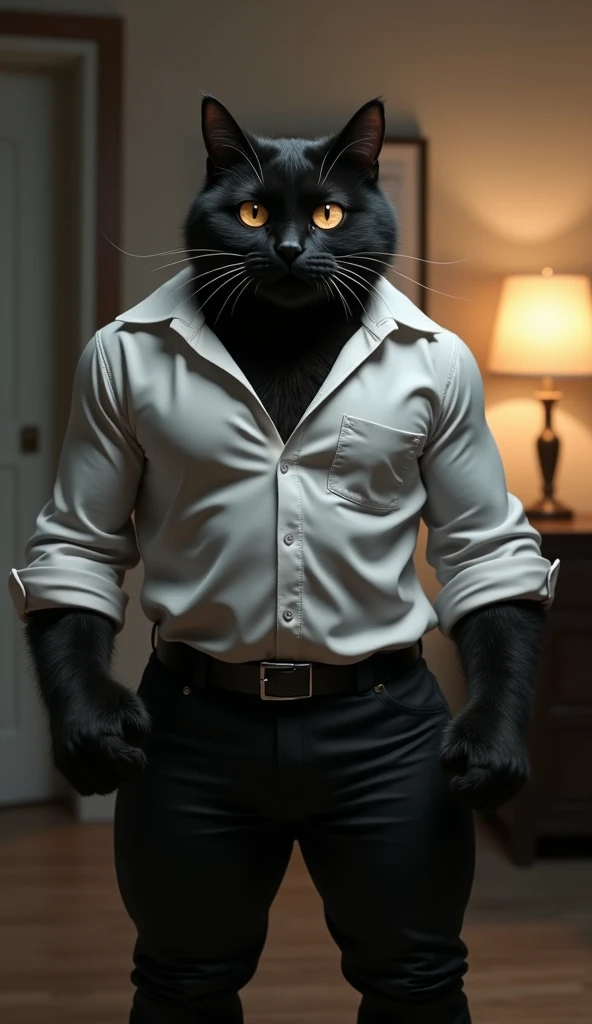 The black muscular cat, wearing a white shirt and black pants, has its eyes widened in fear. The room is dark, with a lamp beside it.