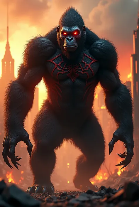 "A terrifying hybrid creature combining features of a gorilla and Spider-Man. The entity has the muscular build of a gorilla with spider-like patterns etched into its dark, bristling fur. Its eyes glow with a menacing red hue, and sharp, clawed hands resem...