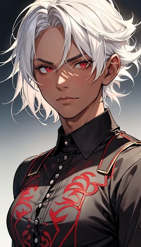 man, short white hair, red eyes, and a detailed background, every detail is rendered in superb detail, perfect composition, masterpiece, best quality, 8k, ultra-detailed, anime, correct anatomy, detailed face, correct eye anatomy , dark fantasy, brown skin...