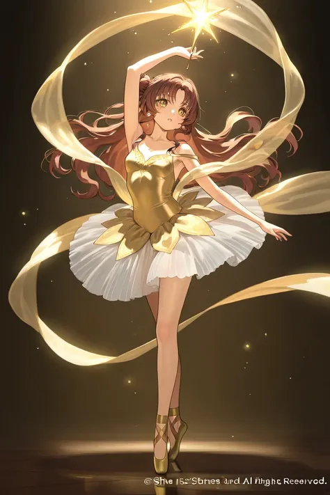 A girl that is a ballerina. She has long wavy brown haired with shinny golden eyes holding golden ballet slippers. There is magic and stars surrounding her. 