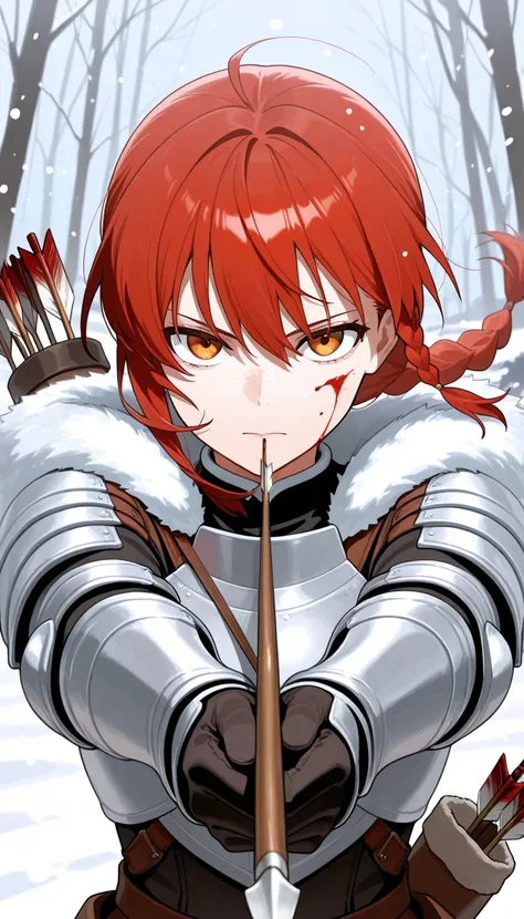 masterpiece,best quality,amazing quality, absurdres, , 1girl, solo, looking_at_viewer, holding, closed_mouth, upper_body, braid, weapon, outdoors, red_hair, holding_weapon, armor, fur_trim, single_braid, snow, freckles, blood_on_face, serious, snowing, bow...