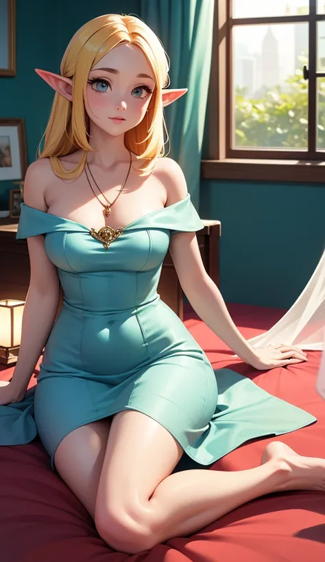 8k⒉5D Real Porn Comic Girl Style Create a cozy indoor scene with warm, natural light. Centered is a cute elven girl with long hair and whimsical decorations, lounging on a bed in a light off-the-shoulder dress and a bright blue pendant. The room features p...