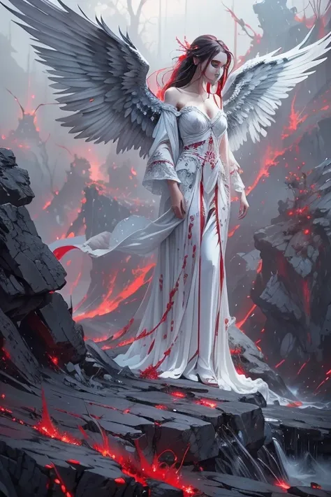 (Black, white, blue, and red color palette), (best quality, ultra-detailed, high resolution, extremely detailed CG). A wide shot of a breathtaking yet eerie scene: a beautiful, otherworldly angel stands on the edge of a cliff amidst a surreal landscape. He...