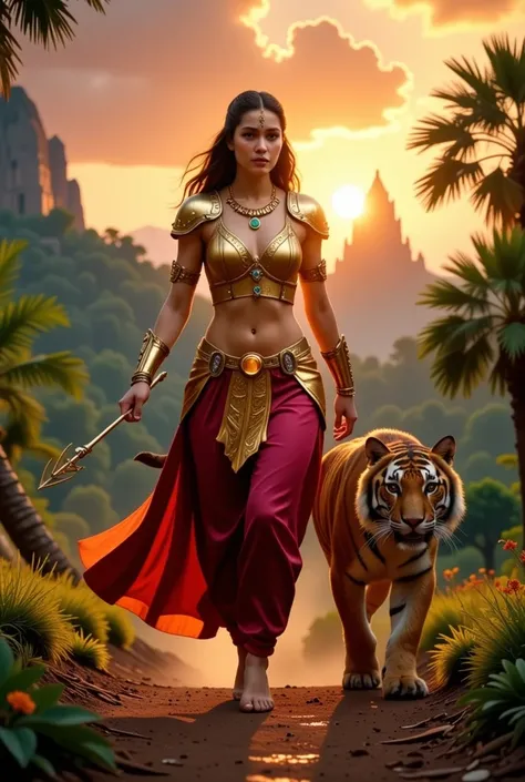 A 3D ultra-realistic scene in 8K resolution featuring a stunning 3rd-century Indian warrior mage walking gracefully. She wears ornate armor crafted from gold and inlaid with rubies and emeralds, reflecting ancient Indian artistry. Her attire combines prote...