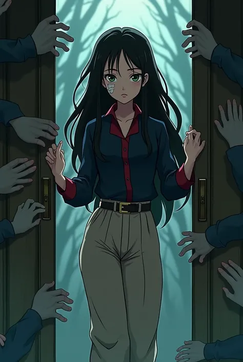 (A (severus snapes daughter:(european girl,black hair, green eyes))A depressed teenager with a bandage on his cheek, midnight blue and blood red blouse, wide beige pants. entering a door with 1000 hands symbolizing guilt and scars (anime version)