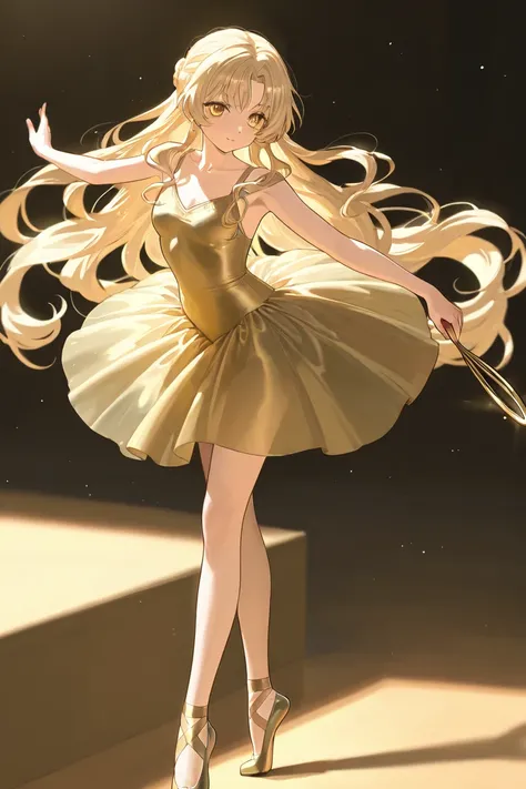 A girl that is a ballerina. She has long wavy Blonde haired with shinny golden eyes holding golden ballet slippers. There is magic and stars surrounding her. 