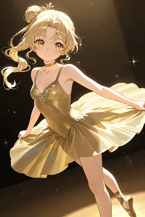 A girl that is a ballerina. She has long wavy Blonde haired with shinny golden eyes holding golden ballet slippers. There is magic and stars surrounding her. 