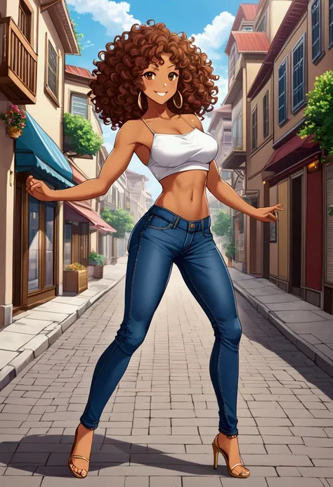 Create an image a beautiful tan skin long tight curly haired anime lady tight jeans , toned abs , wide brown eyes cut off blouse , medium boobs , dancing in the street and smiling full length full body picture.