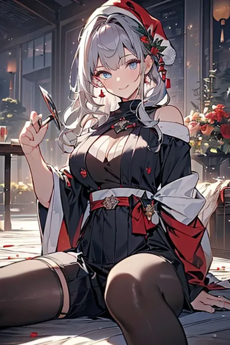 (from below:1.2),((1girl, silver hair, long hair, qutel blue eyes, beautiful eyes, pretty smile:1.5, ), ( off-shoulder dress, sweater dress,, santa hat, black tights, santa boots), (((holding ominous japanese sword:1.1 ))), ((battlescene,slashilg,killing t...