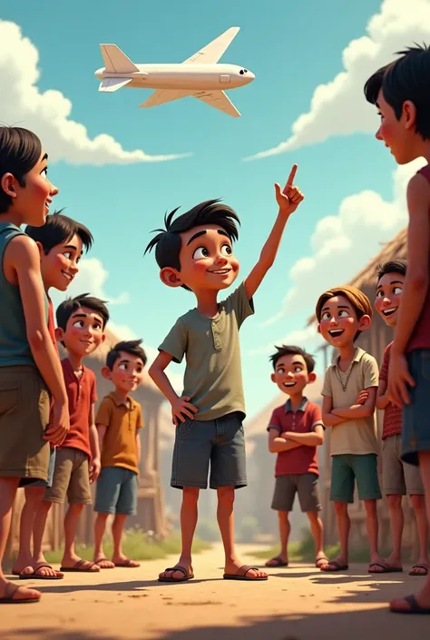 A group of villagers laughing at the boy, who stands confidently with his paper airplane in hand. His expression is determined as he points to the sky, envisioning a real airplane.
