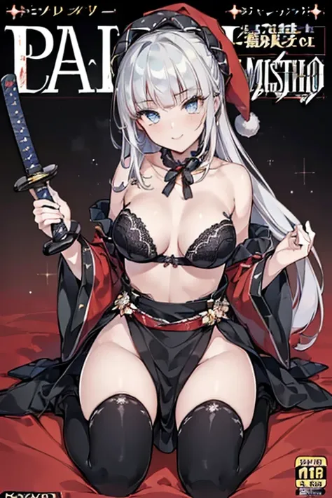 (from below:1.2),((1girl, silver hair, long hair, qutel blue eyes, beautiful eyes, pretty smile:1.5, ), ( off-shoulder dress, sweater dress,, santa hat, black tights, santa boots), (((holding ominous japanese sword:1.1 ))), ((battlescene,slashilg,killing t...