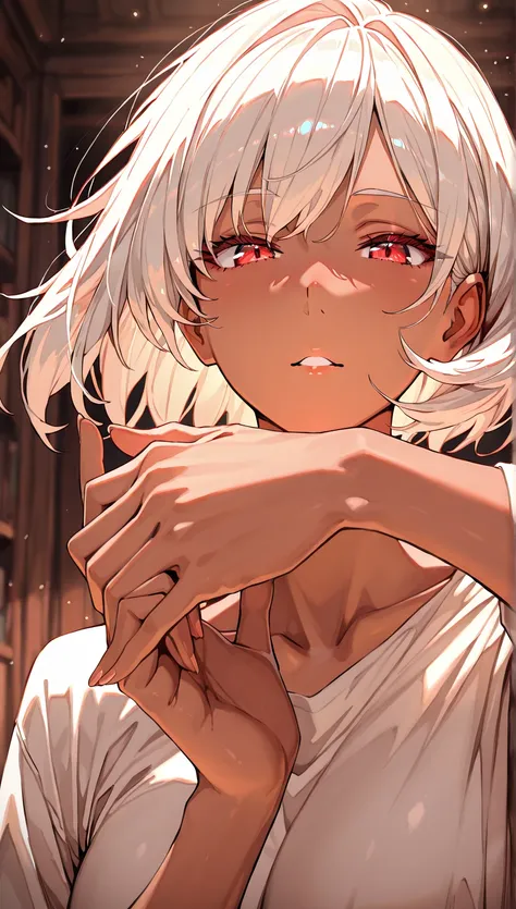 young man, short white hair, red eyes, and a detailed background, every detail is rendered in superb detail, perfect composition, masterpiece, best quality, 8k, ultra-detailed, anime, correct anatomy, detailed face, correct eye anatomy , dark fantasy, brow...