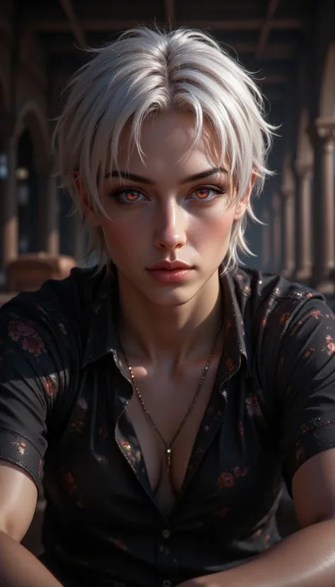 young man, short white hair, red eyes, and a detailed background, every detail is rendered in superb detail, perfect composition, masterpiece, best quality, 8k, ultra-detailed, anime, correct anatomy, detailed face, correct eye anatomy , dark fantasy, brow...