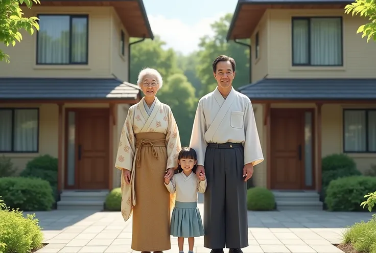 A Japanese multi-generational family standing together in front of a newly built two-family house. The elderly parents are on one side, dressed in traditional Japanese attire, while the younger son and his wife stand on the other, dressed in modern casual ...