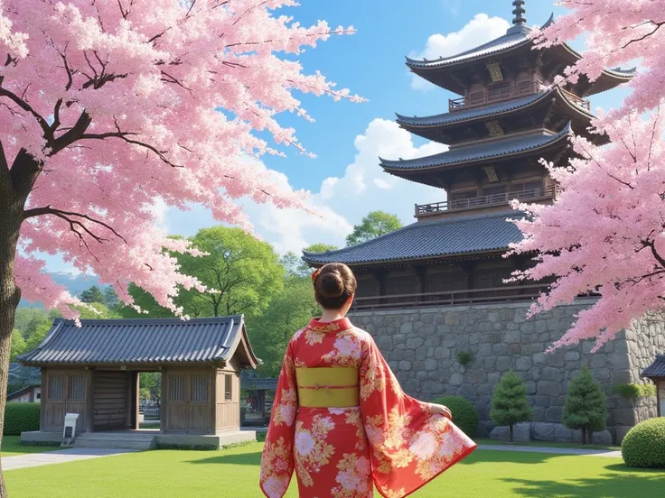 Hokkaido、cherry blossoms、Temple、antiquity、Realistic、 back view of a woman wearing a kimono、Nature、