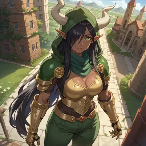 score_9, score_8_above, score_7_above, source _animated, Olgadiscordia , Olga Discord, long hair, black hair, green eyes, very long hair, pointy ears , dark skin , hair over an eye , hembra de dark skin , elf, dark elf, outdoor, urban landscape, looking at...