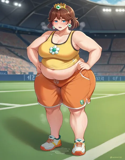 Daisy,brown hair,blue eyes, short hair,flower earrings,small crown, bright yellow tank top with a flower brooch on her chest, white high collar, orange shorts, orange tennis shoes with yellow laces, midriff, number 8, standing, sweaty, exhausted, hand on h...