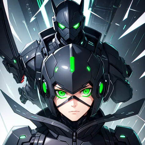 1man, Black suit Cyber soldier, no face, Green eyes, half body portrait