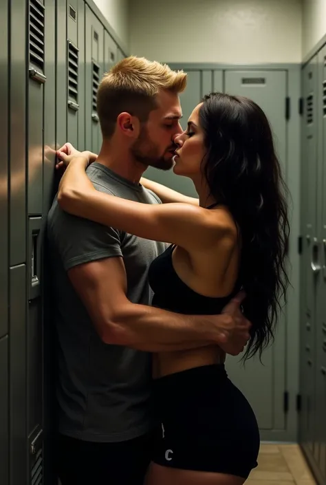 a man and woman kissing in locker room, blonde hair, hetero, skirt, long hair, sleeveless, realistic, closed eyes, sleeveless shirt, shirt, black skirt, black hair, against wall