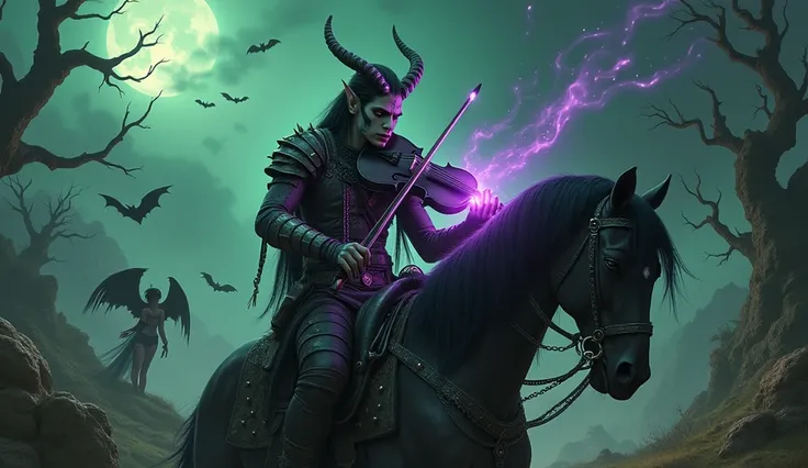 A dark, gothic reimagining of an elf warrior with a somber expression and dark war paint adorning his face. He passionately plays a black violin that emanates a glowing purple aura, casting an eerie light around him. His spiked saddle and weathered metalli...